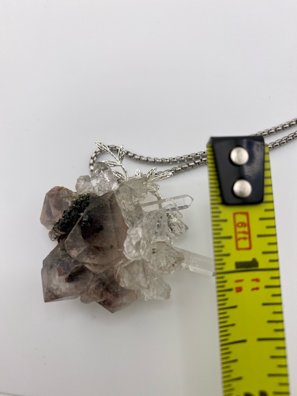 Super Seven Crystal Pendant with Herkimer Diamonds & Silver Alloy Leaf Accents - Picture 4 of 6